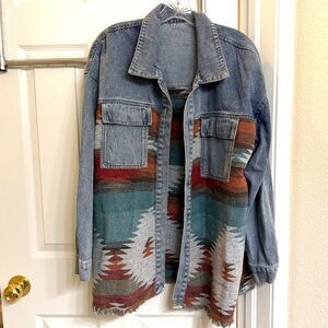 Southwestern Aztec Geometric Print Denim Shacket Blue Multi